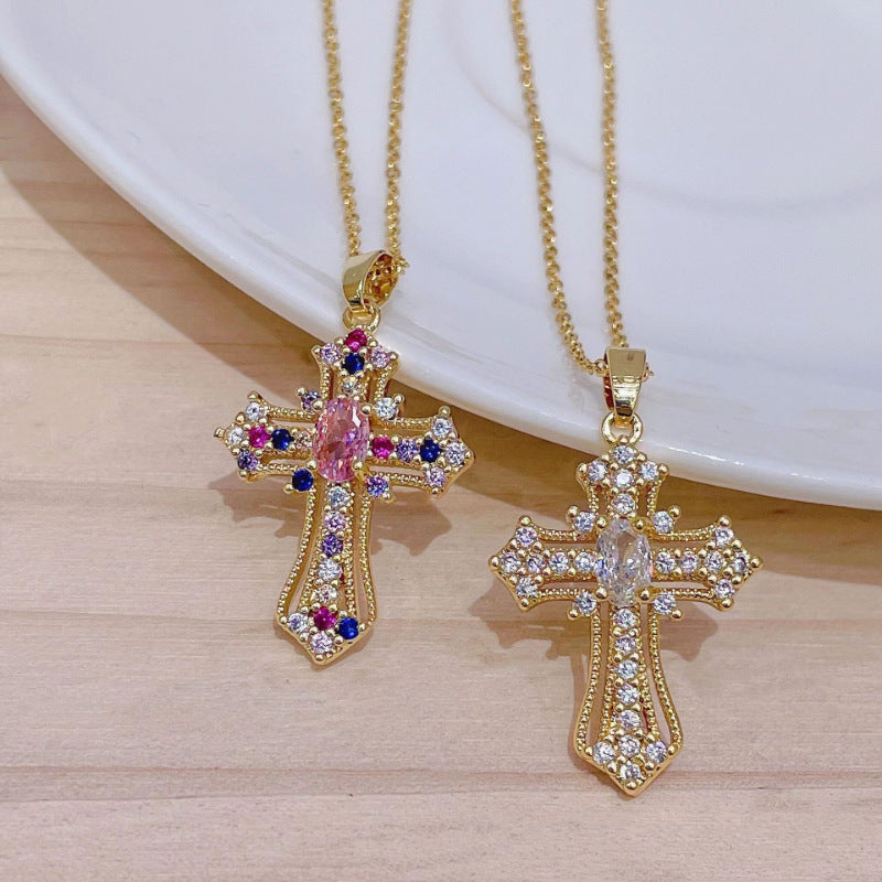 Cadena con Cruz Grande para Mujer – Dije con Cristales Brillantes Estilo Pectoral